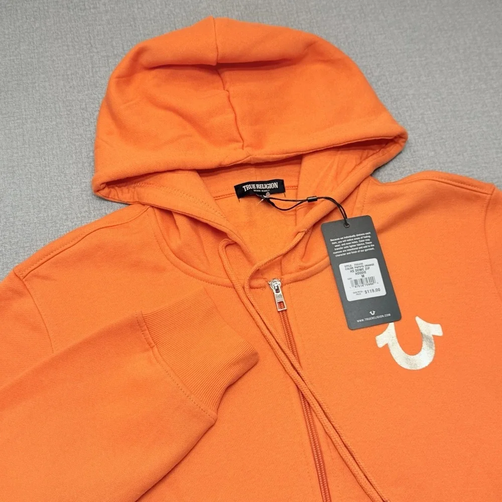 True Religion Metallic Buddha Zip Hoodie Mens M Papaya Orange Fleece NWT 700440
